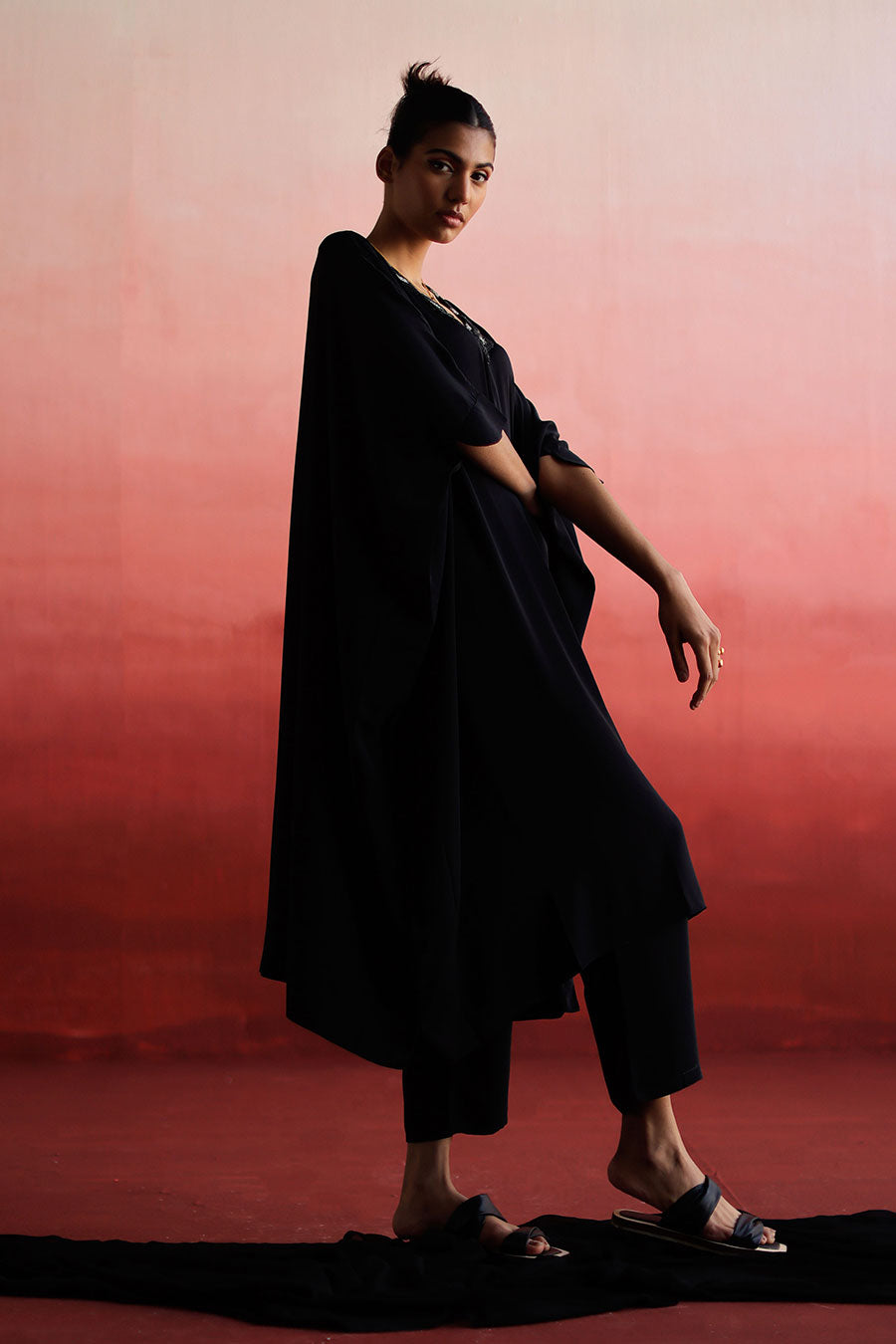 Black Embroidered Long Kaftan & Pant Set