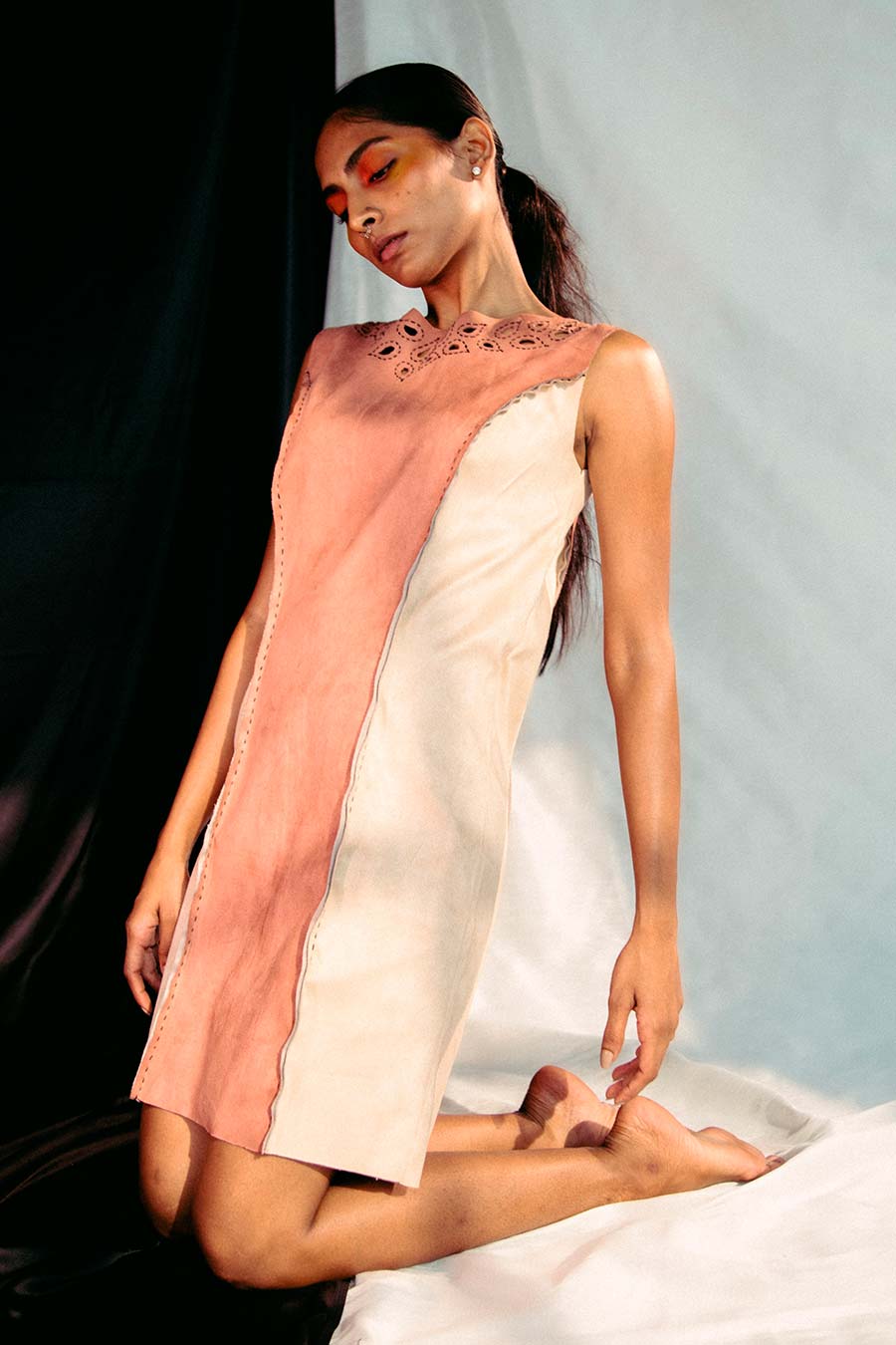 Peach & Beige Embroidered Suede Dress