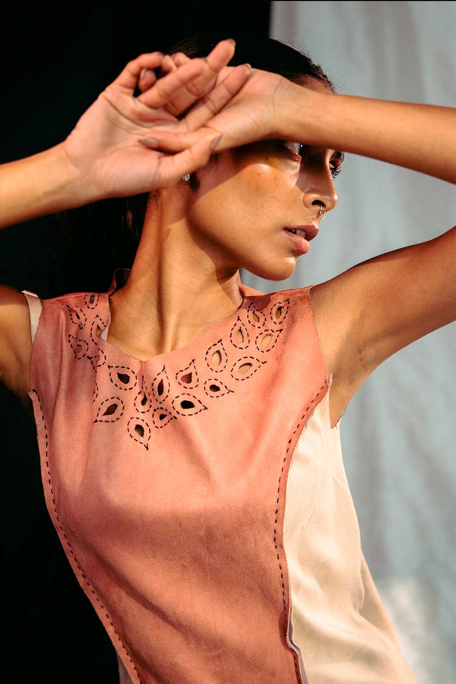 Peach & Beige Embroidered Suede Dress