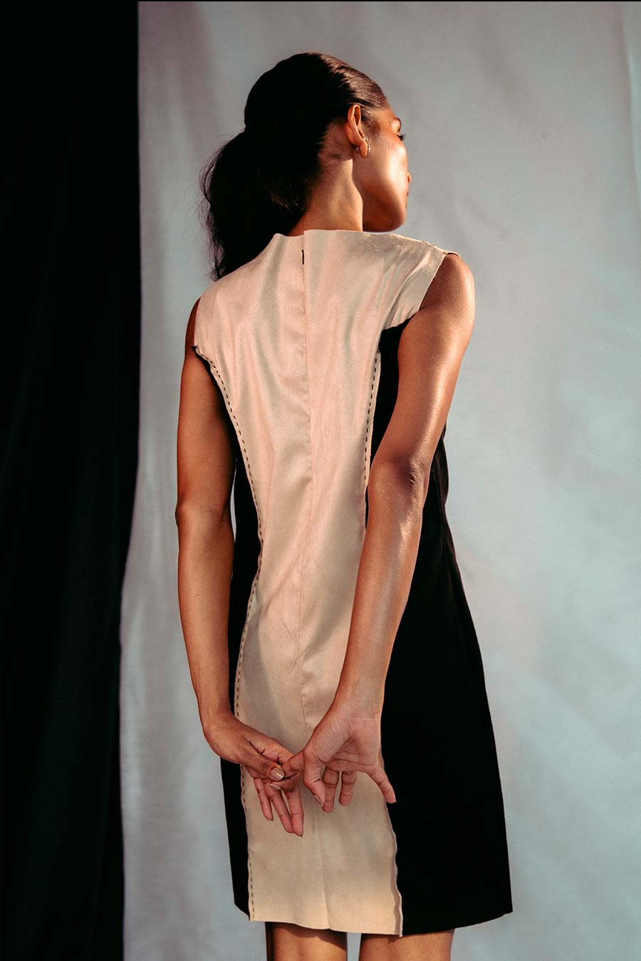 Peach & Black Embroidered Suede Dress