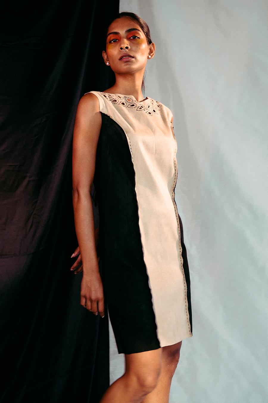 Peach & Black Embroidered Suede Dress