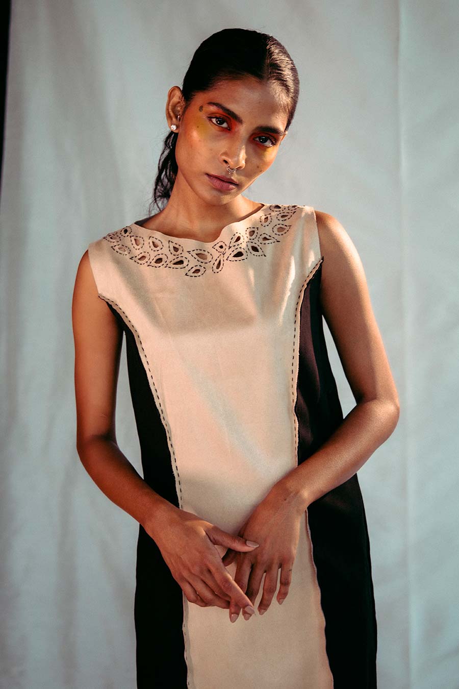 Peach & Black Embroidered Suede Dress