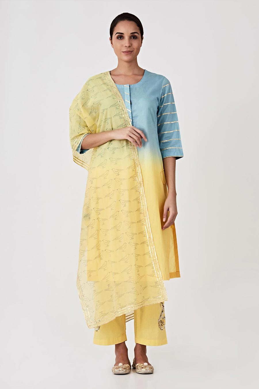 Blue & Yellow Ombre Kurta Set (Set of 3)