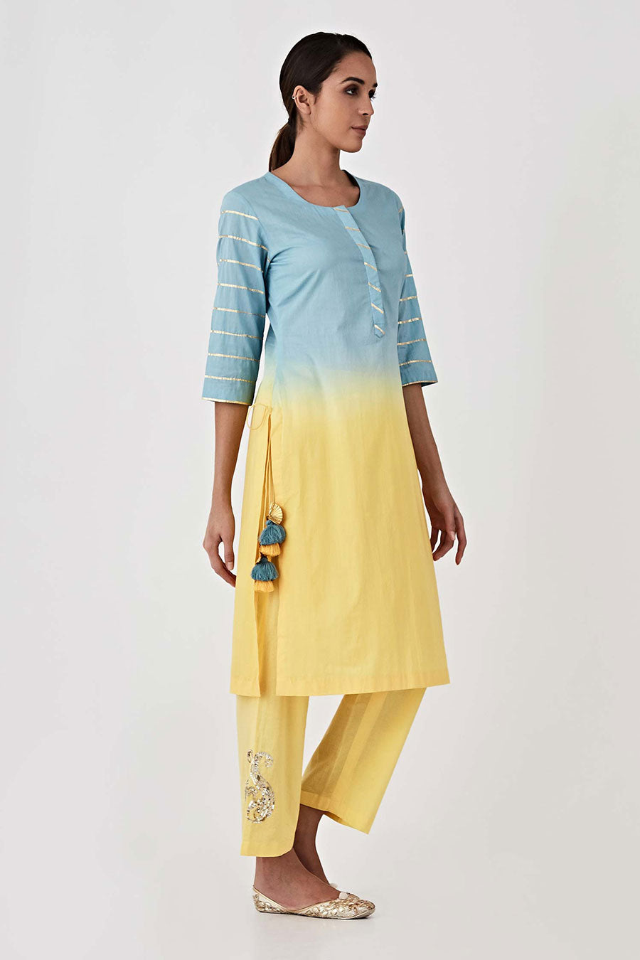 Blue & Yellow Ombre Kurta Set (Set of 3)