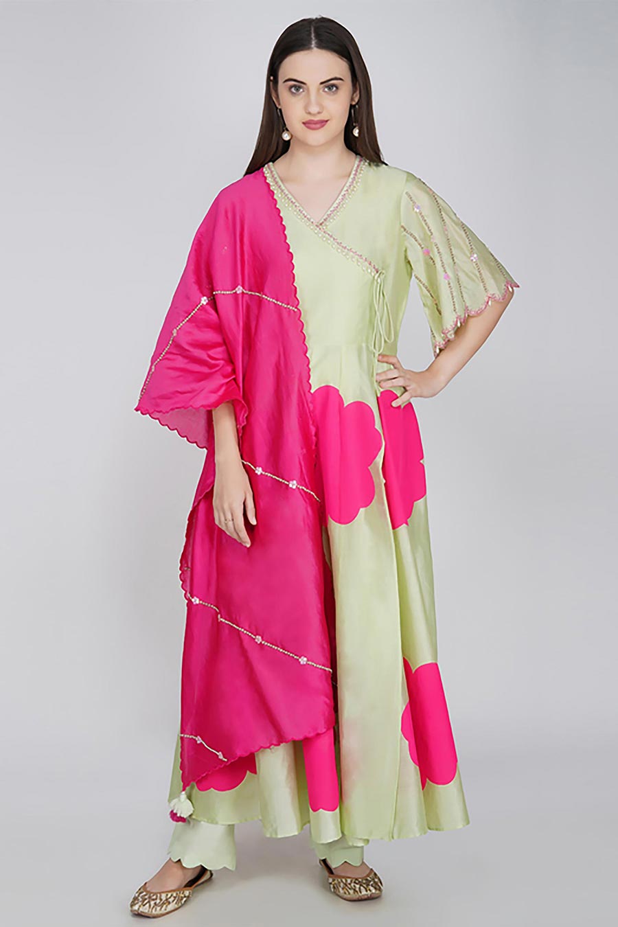 Sage Green Chanderi Angrakha Kurta Set