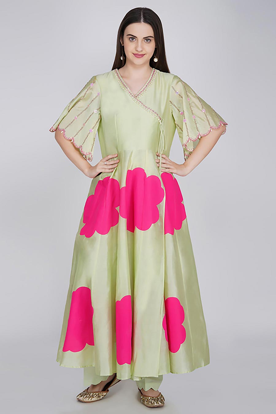 Sage Green Chanderi Angrakha Kurta Set