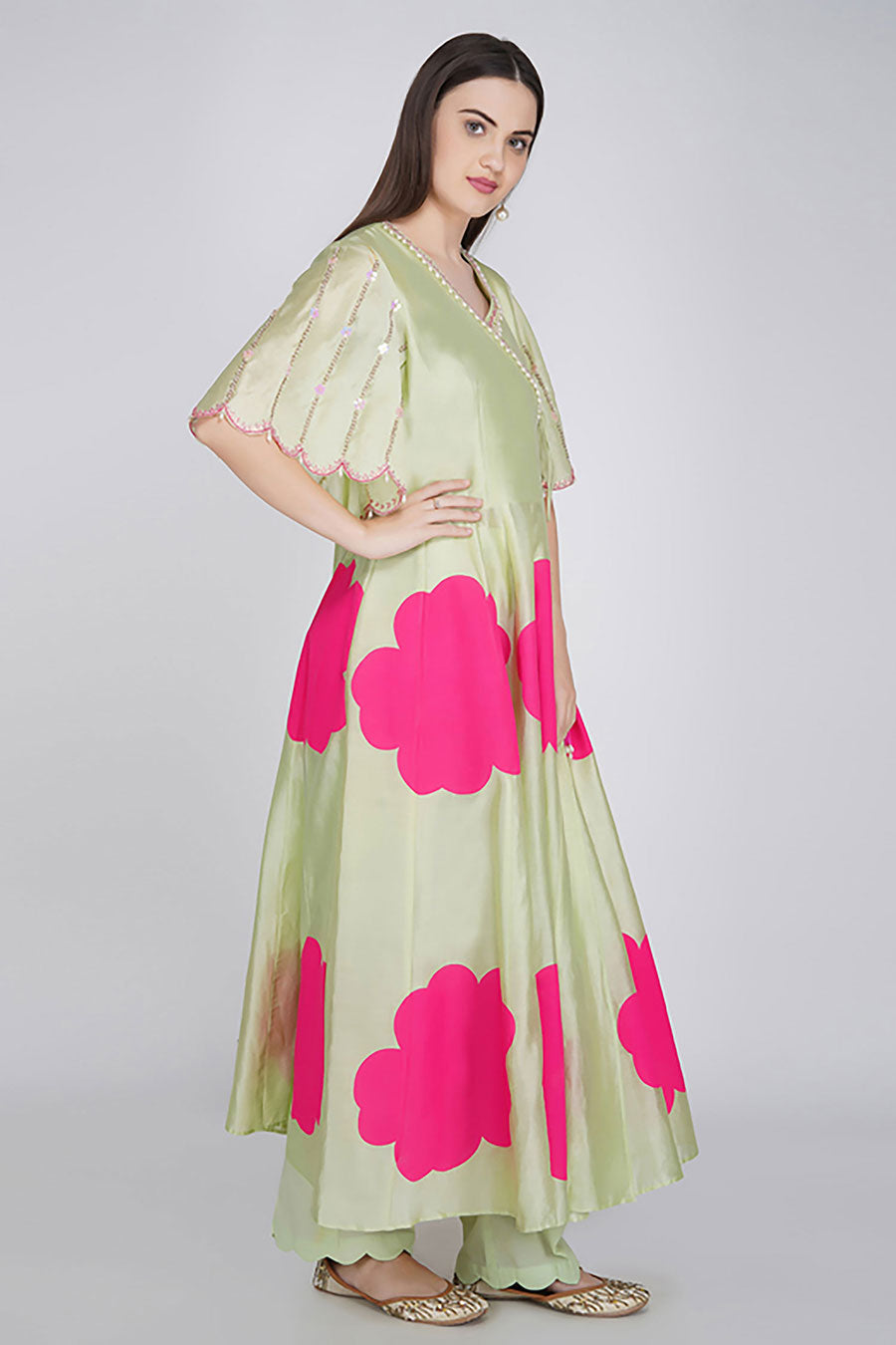 Sage Green Chanderi Angrakha Kurta Set