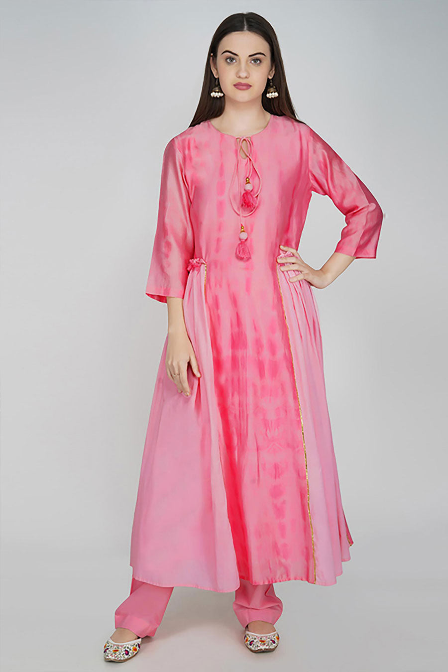 Pink Chanderi Tie-Dye A-Line Kurta