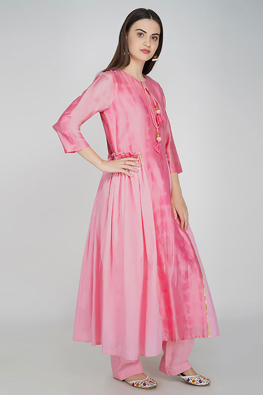 Pink Chanderi Tie-Dye A-Line Kurta