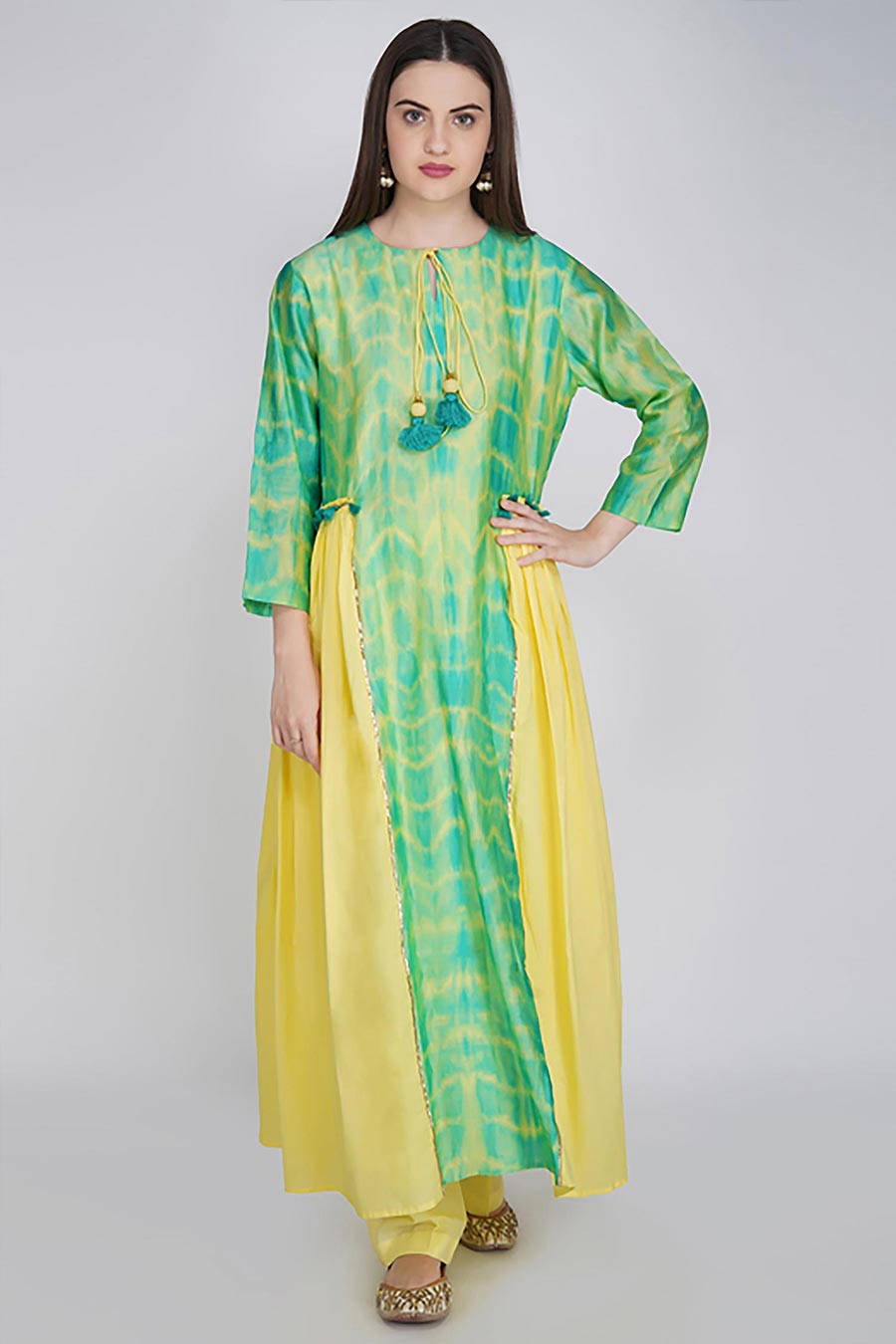 Yellow & Green Chanderi Tie-Dye A-Line Kurta