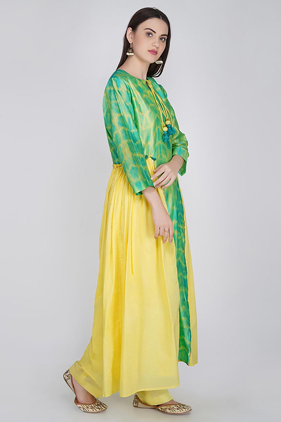 Yellow & Green Chanderi Tie-Dye A-Line Kurta