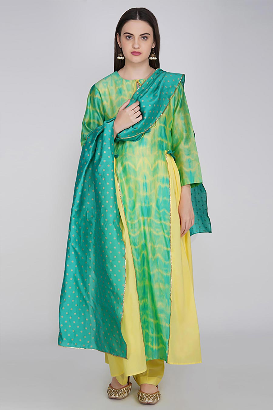 Yellow & Green Tie-Dye A-Line Kurta Set (Set of 3)