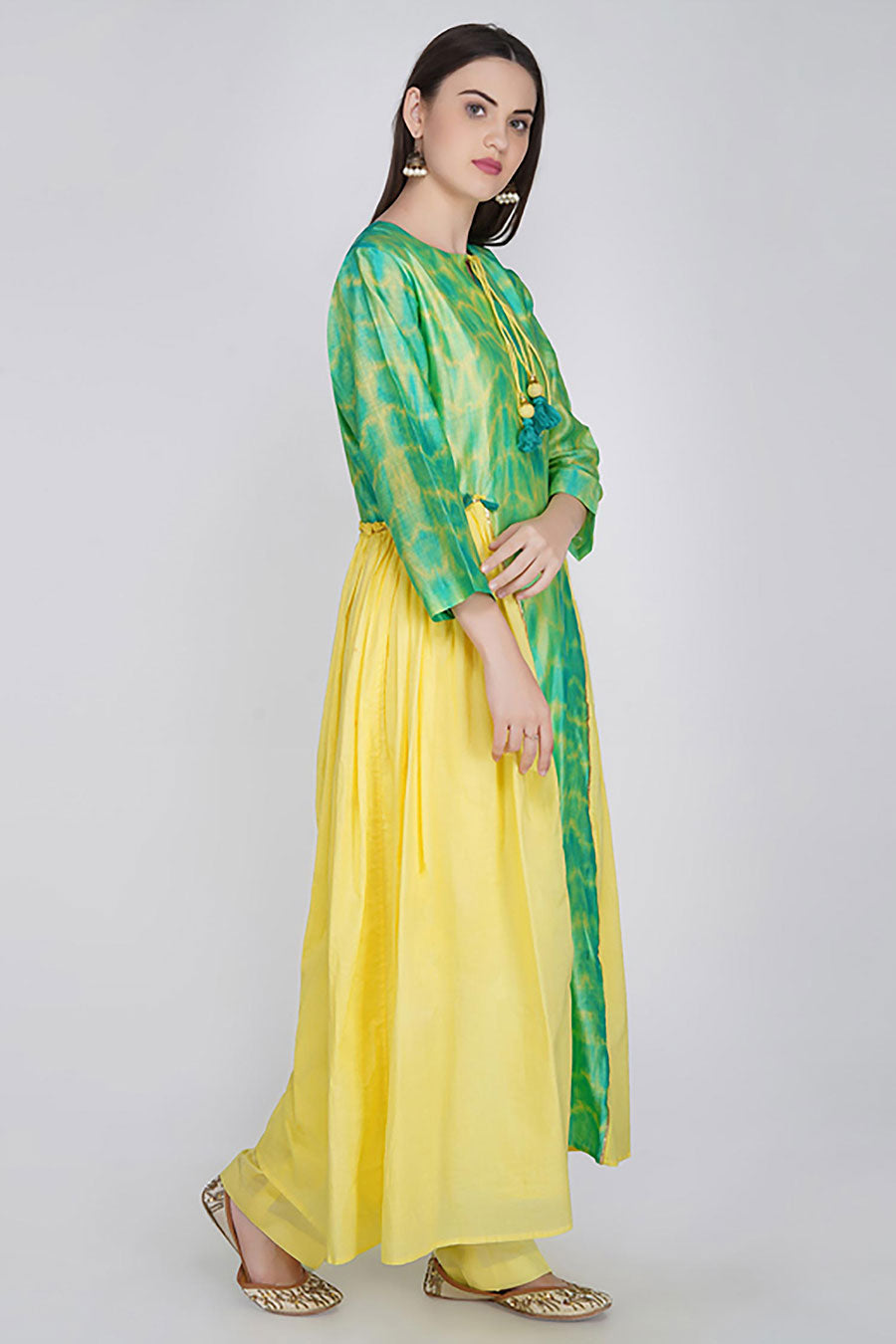 Yellow & Green Tie-Dye A-Line Kurta Set (Set of 3)