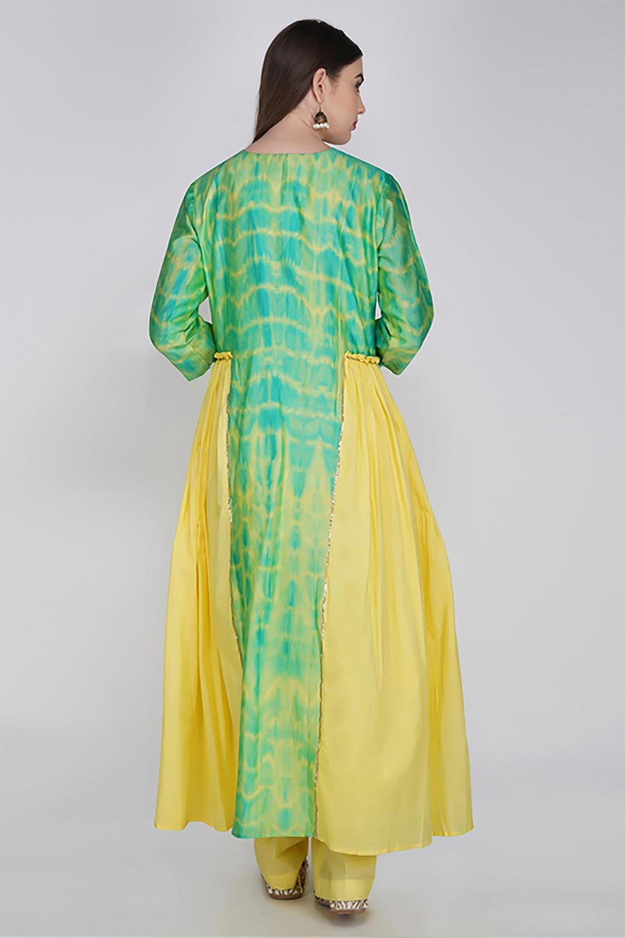 Yellow & Green Tie-Dye A-Line Kurta Set (Set of 3)