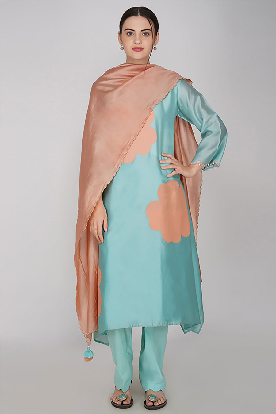 Teal Chanderi Embroidered Kurta Set