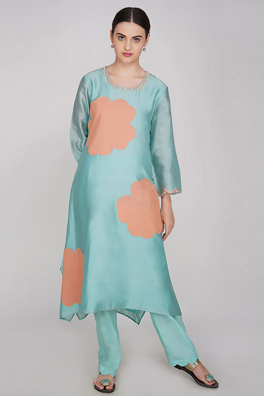 Teal Chanderi Embroidered Kurta Set