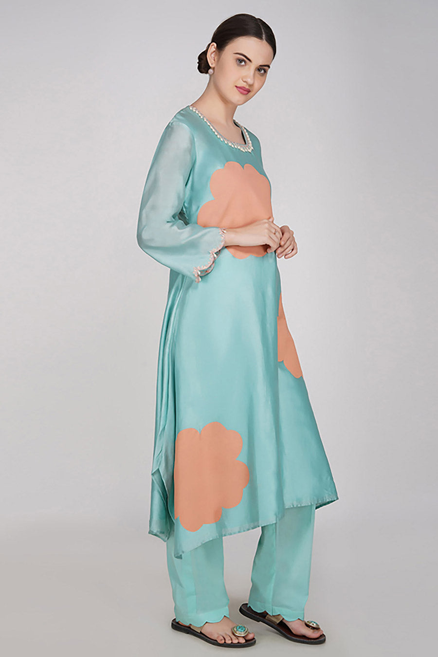 Teal Chanderi Embroidered Kurta Set