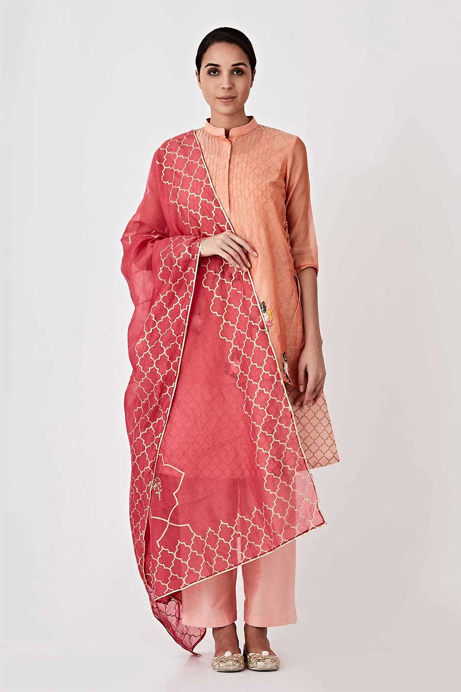 Peach Overalay Chanderi Kurta Set (Set of 4)