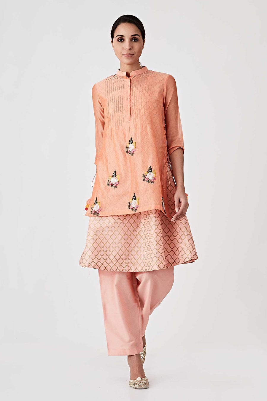 Peach Overalay Chanderi Kurta Set (Set of 4)