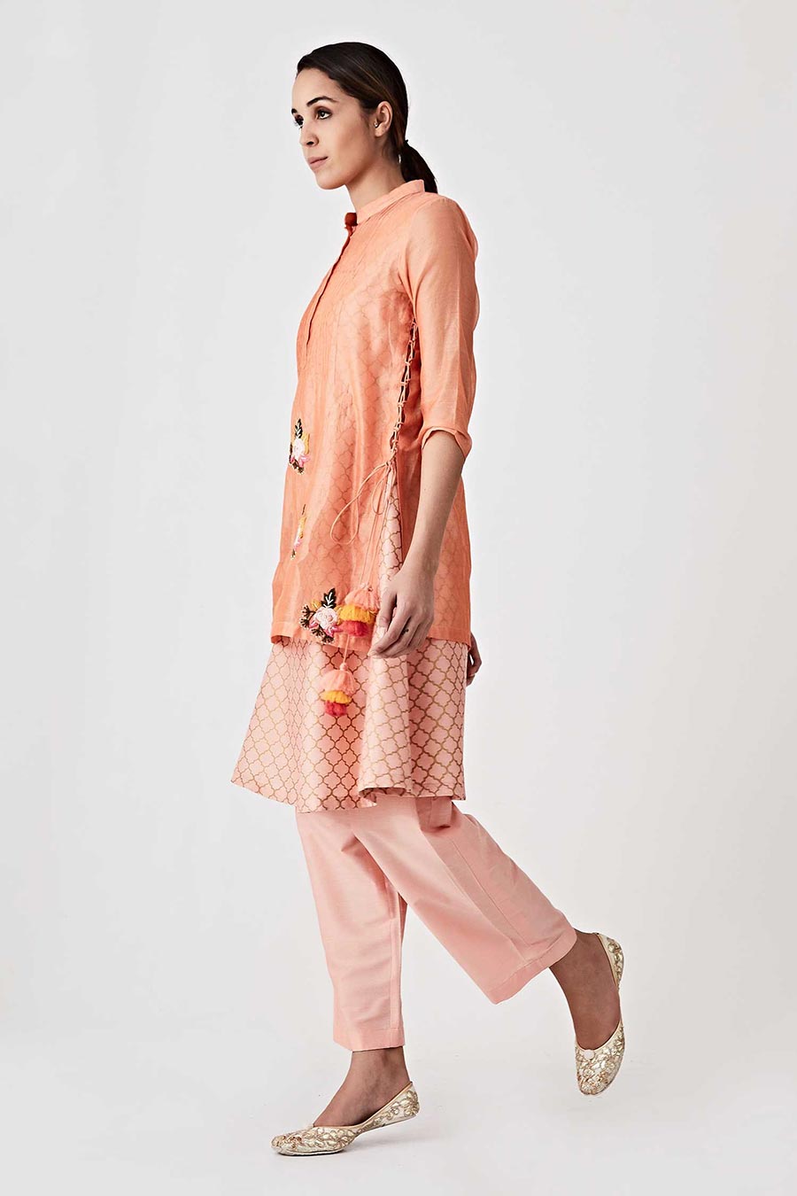 Peach Overalay Chanderi Kurta Set (Set of 4)