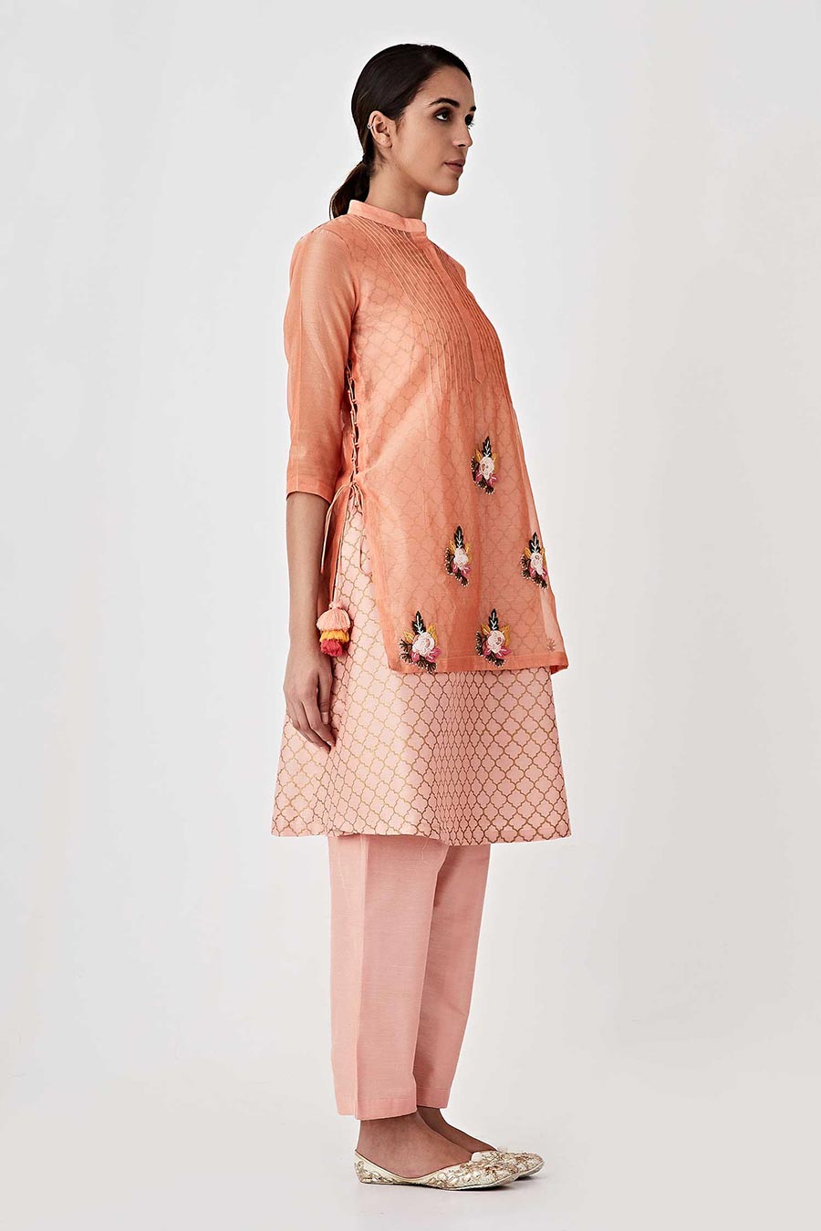 Peach Overalay Chanderi Kurta Set (Set of 4)