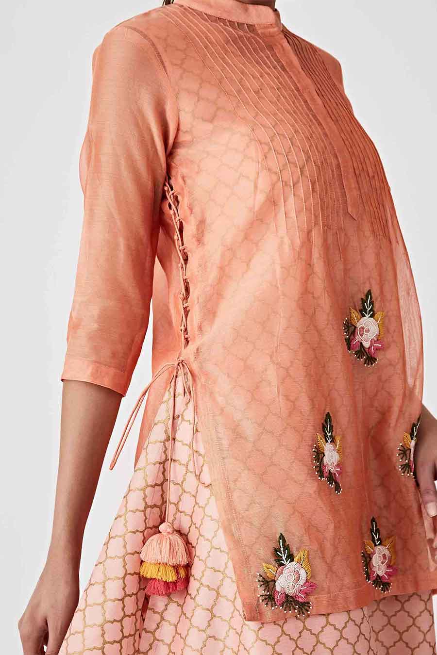 Peach Overalay Chanderi Kurta Set (Set of 4)