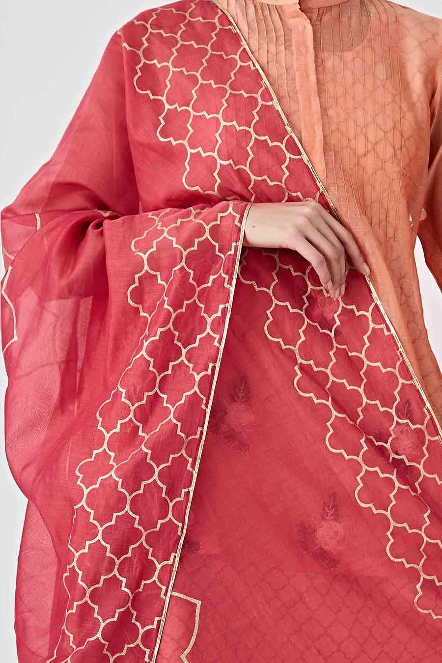 Peach Overalay Chanderi Kurta Set (Set of 4)