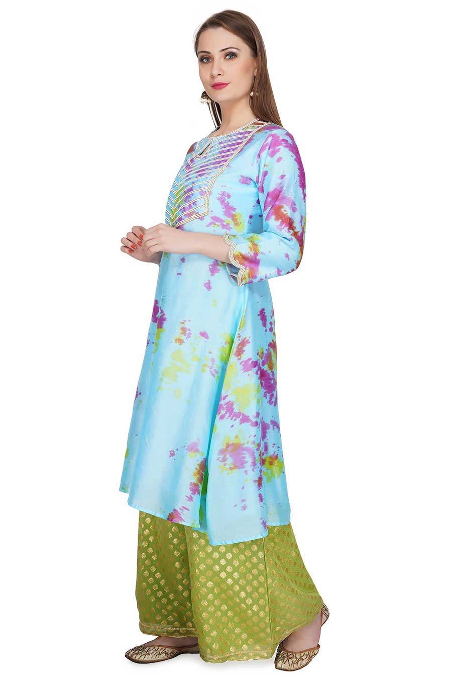 Marble Dyed Blue Embroidered Kurta