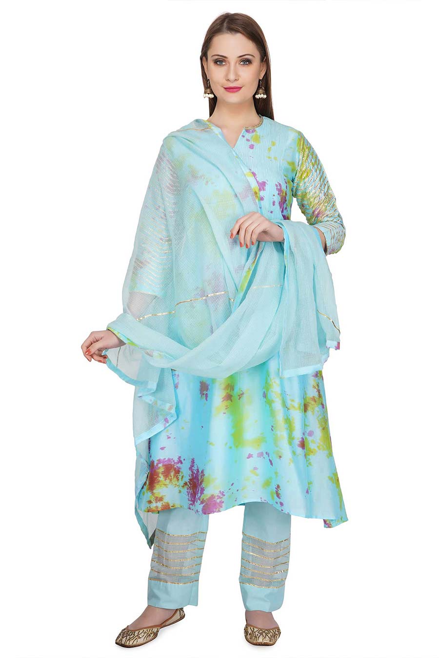 Marble Dyed Blue Pintuck Kurta Set (Set of 3)