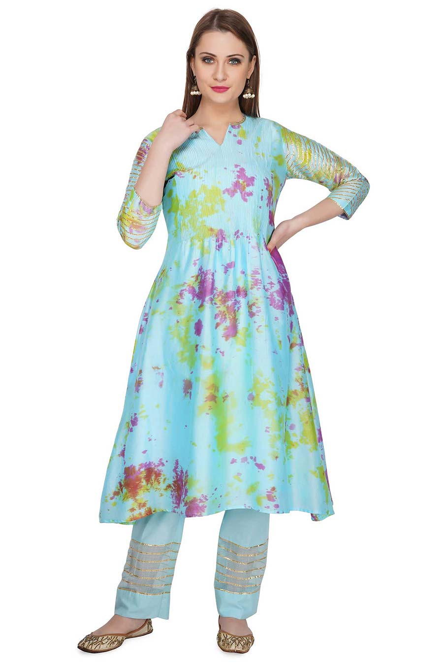 Marble Dyed Blue Pintuck Kurta Set (Set of 3)