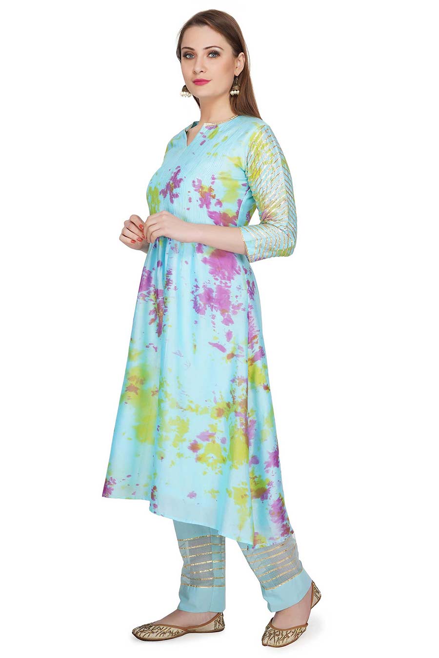 Marble Dyed Blue Pintuck Kurta Set (Set of 3)