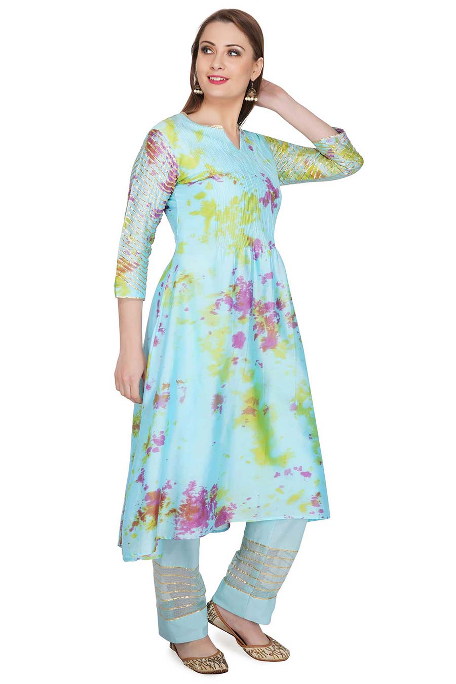 Marble Dyed Blue Pintuck Kurta Set (Set of 3)