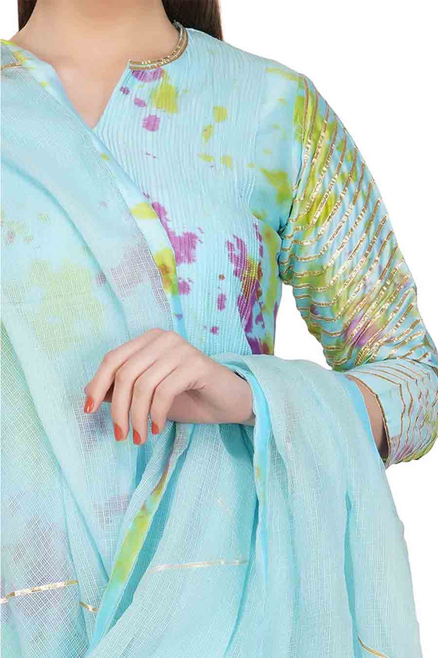 Marble Dyed Blue Pintuck Kurta Set (Set of 3)
