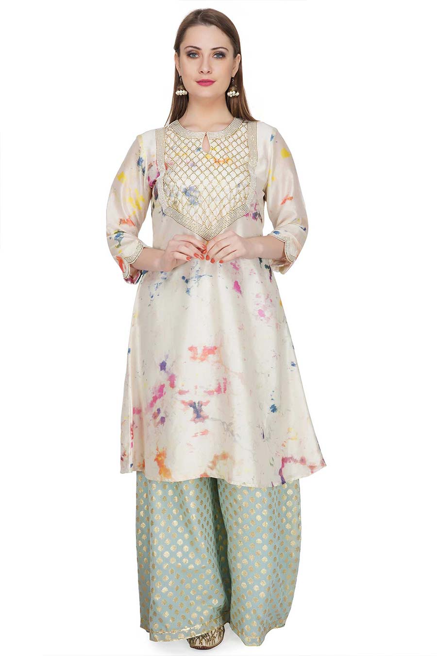 Marble Dyed Cream Embroidered Kurta
