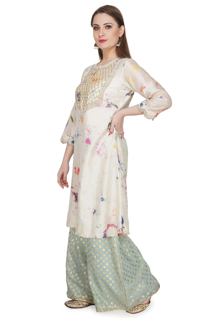 Marble Dyed Cream Embroidered Kurta