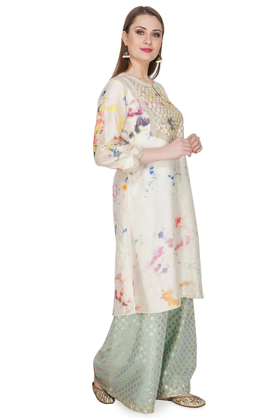 Marble Dyed Cream Embroidered Kurta