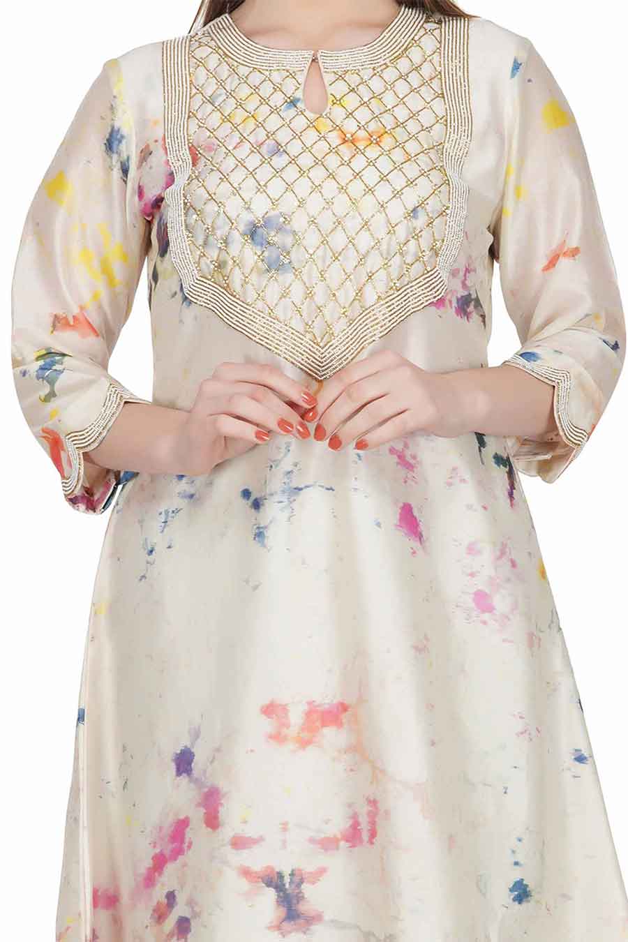 Marble Dyed Cream Embroidered Kurta