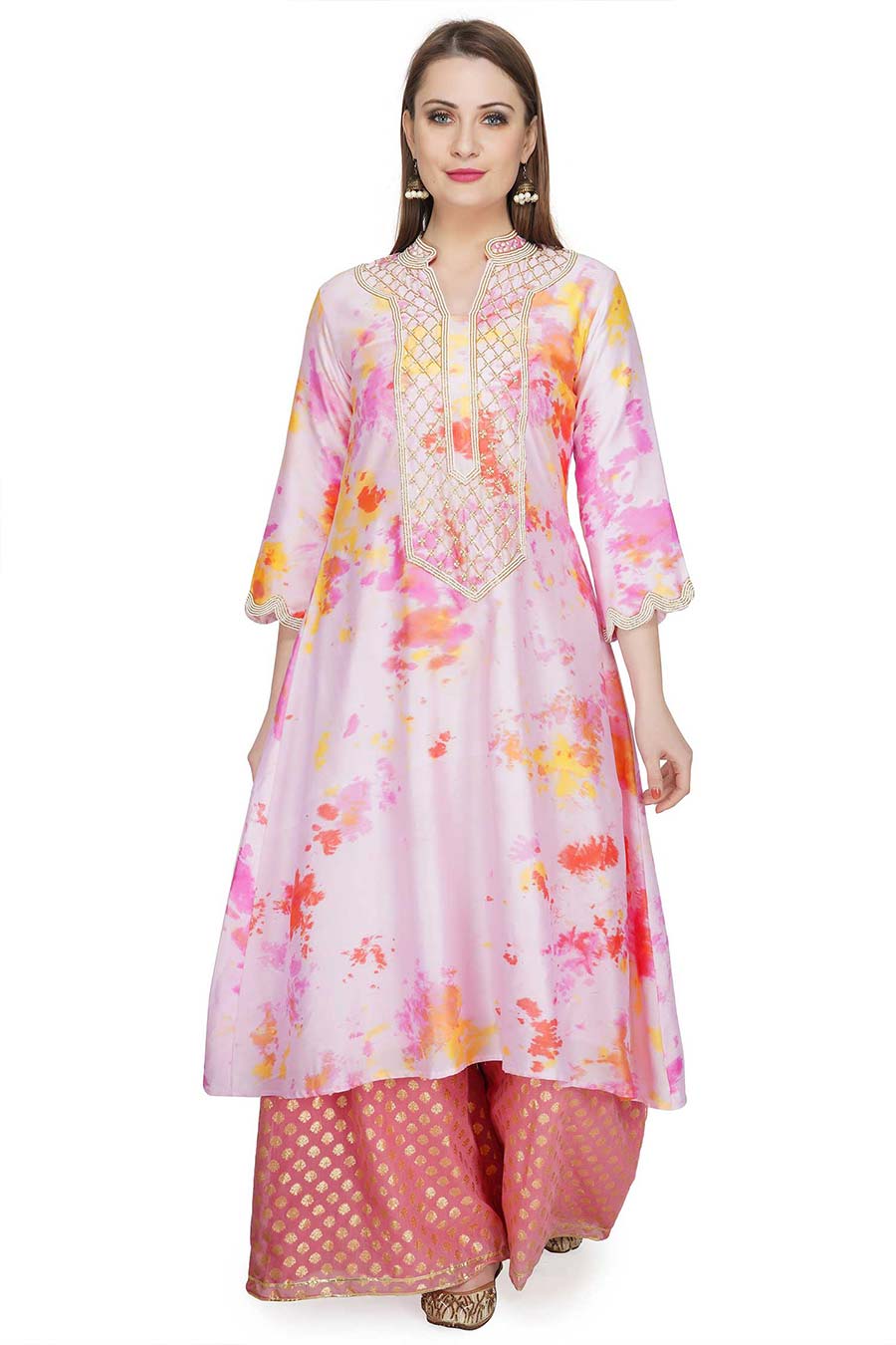 Marble Dyed Pink Embroidered Kurta