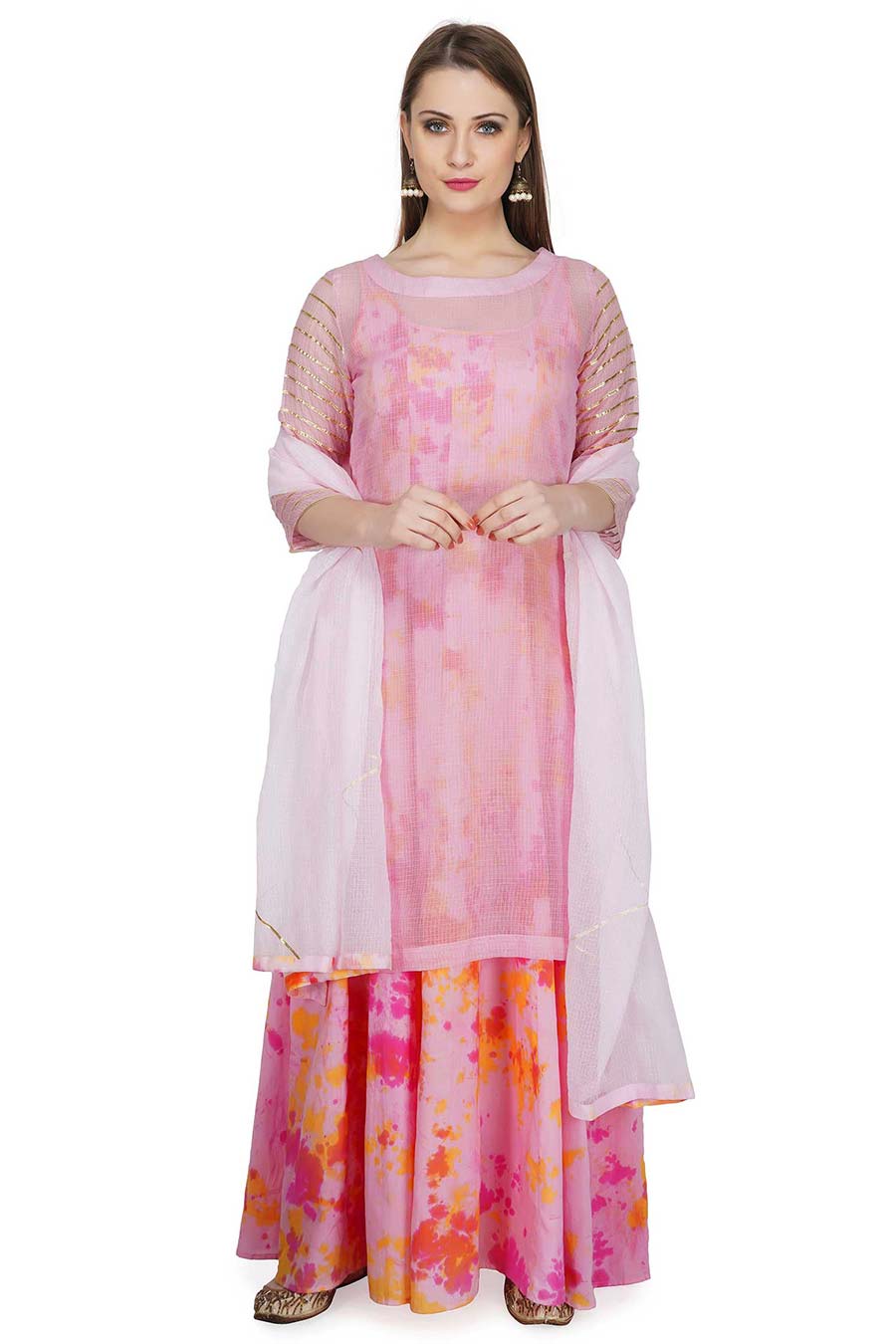 Pink Dress With Overlay Kurta & Dupatta