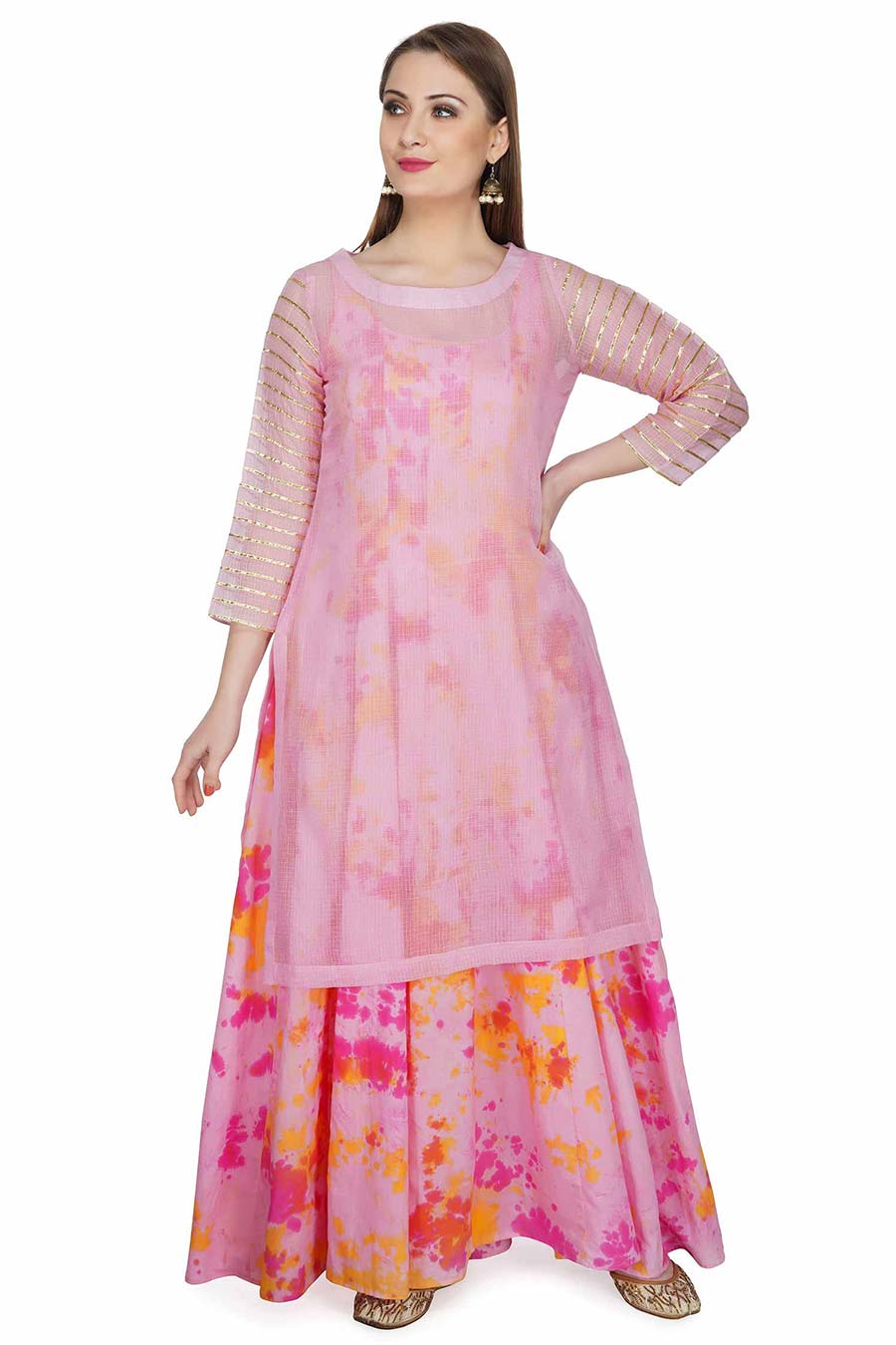 Pink Dress With Overlay Kurta & Dupatta