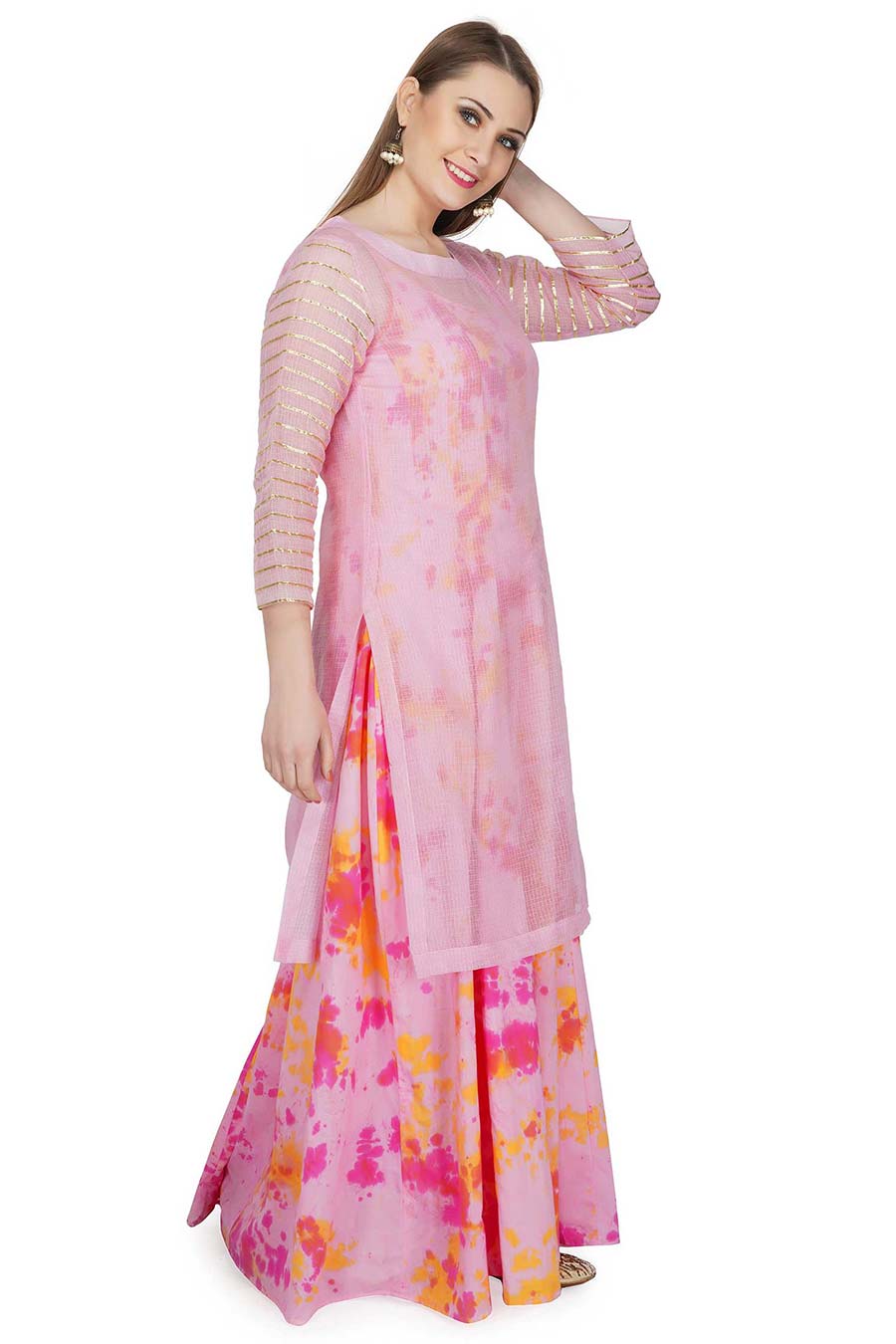 Pink Dress With Overlay Kurta & Dupatta