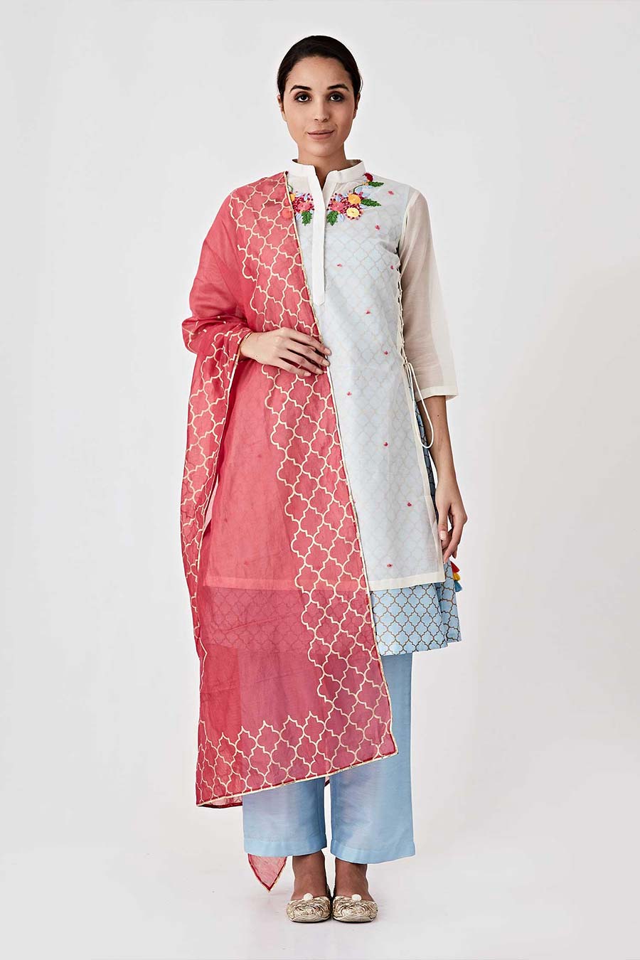 Blue & White Overalay Chanderi Kurta Set (Set of 4)