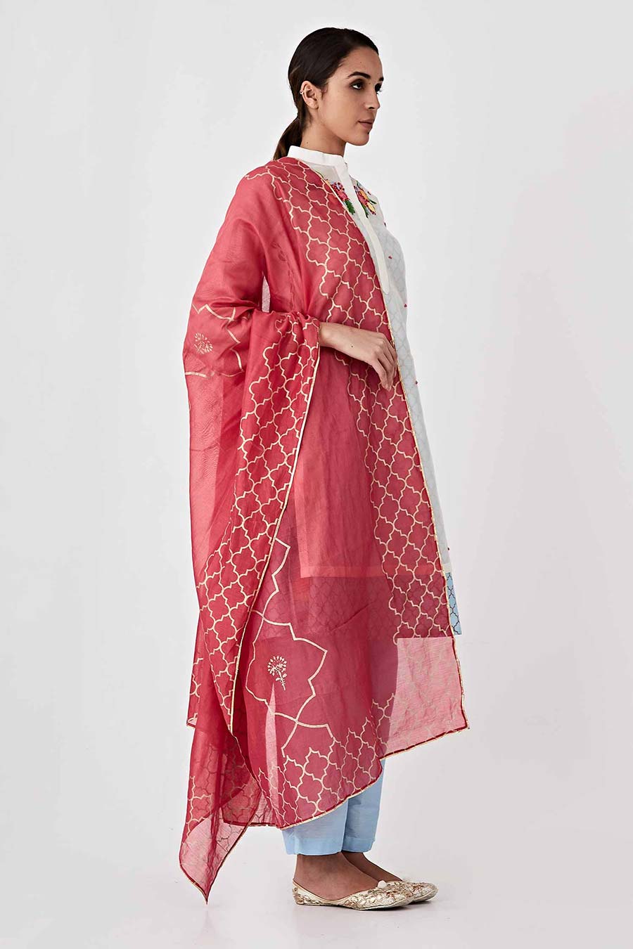 Blue & White Overalay Chanderi Kurta Set (Set of 4)