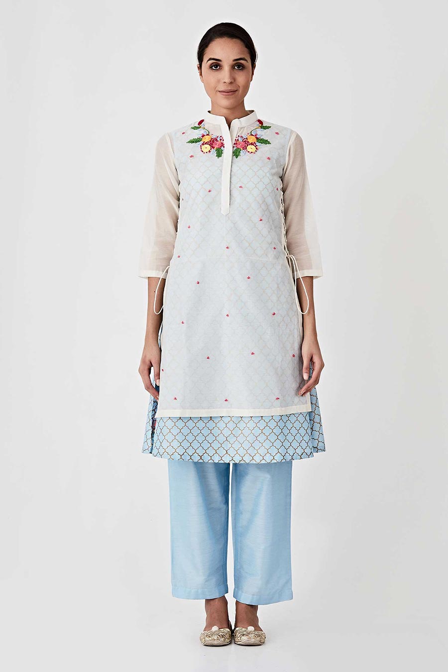 Blue & White Overalay Chanderi Kurta Set (Set of 4)