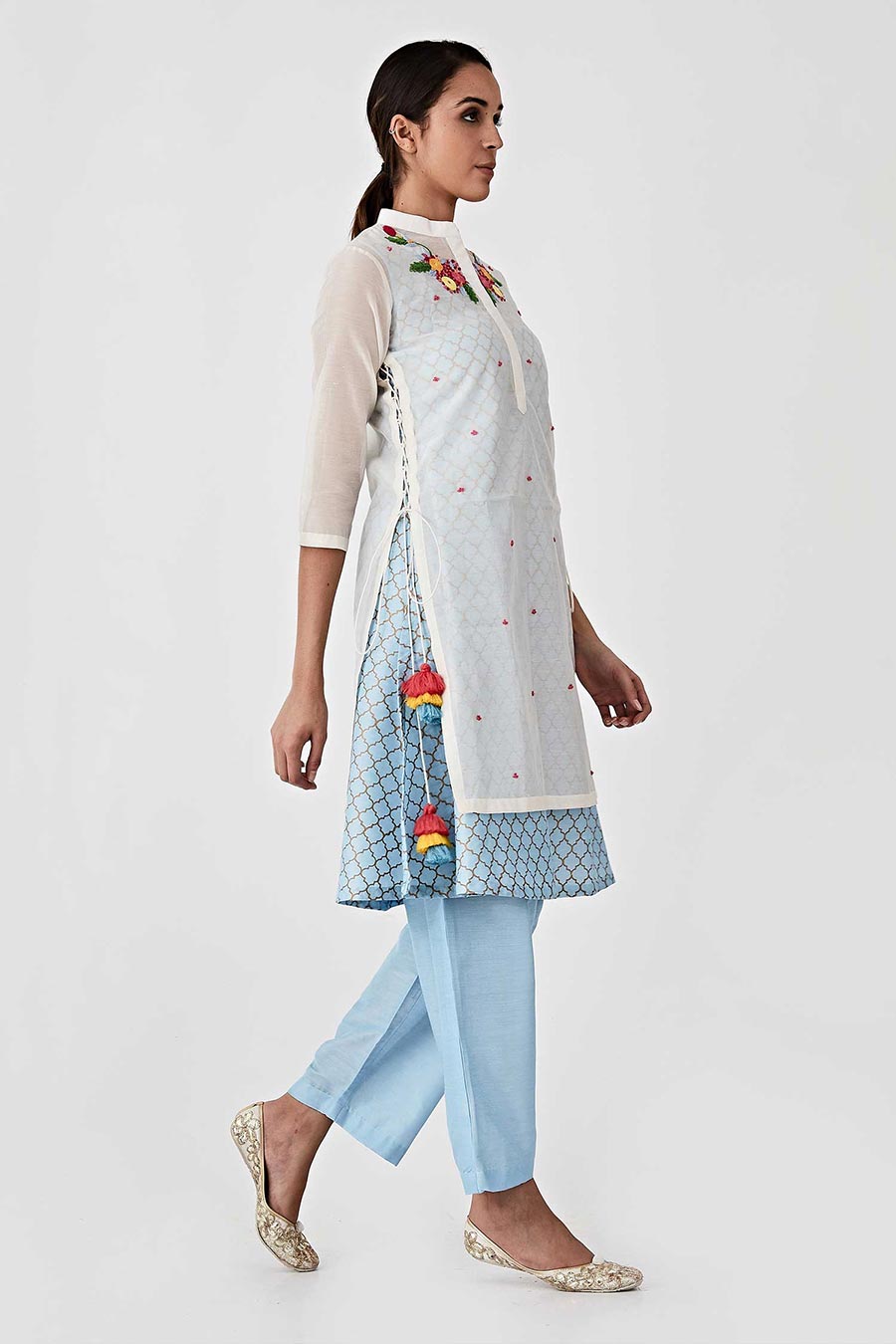Blue & White Overalay Chanderi Kurta Set (Set of 4)