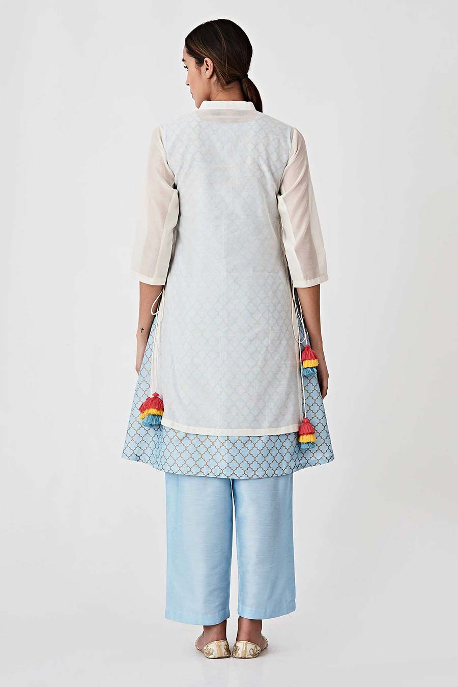 Blue & White Overalay Chanderi Kurta Set (Set of 4)