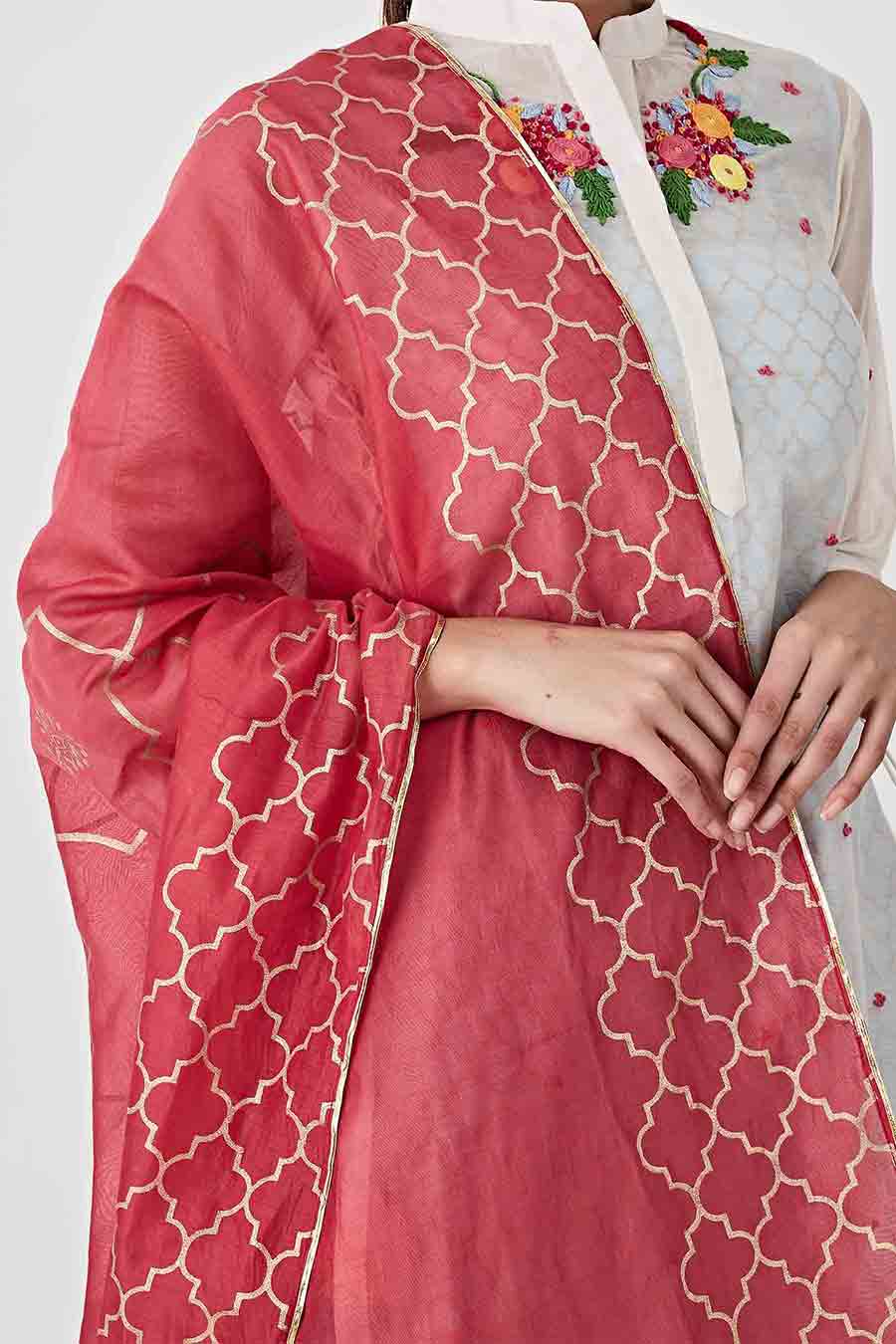Blue & White Overalay Chanderi Kurta Set (Set of 4)