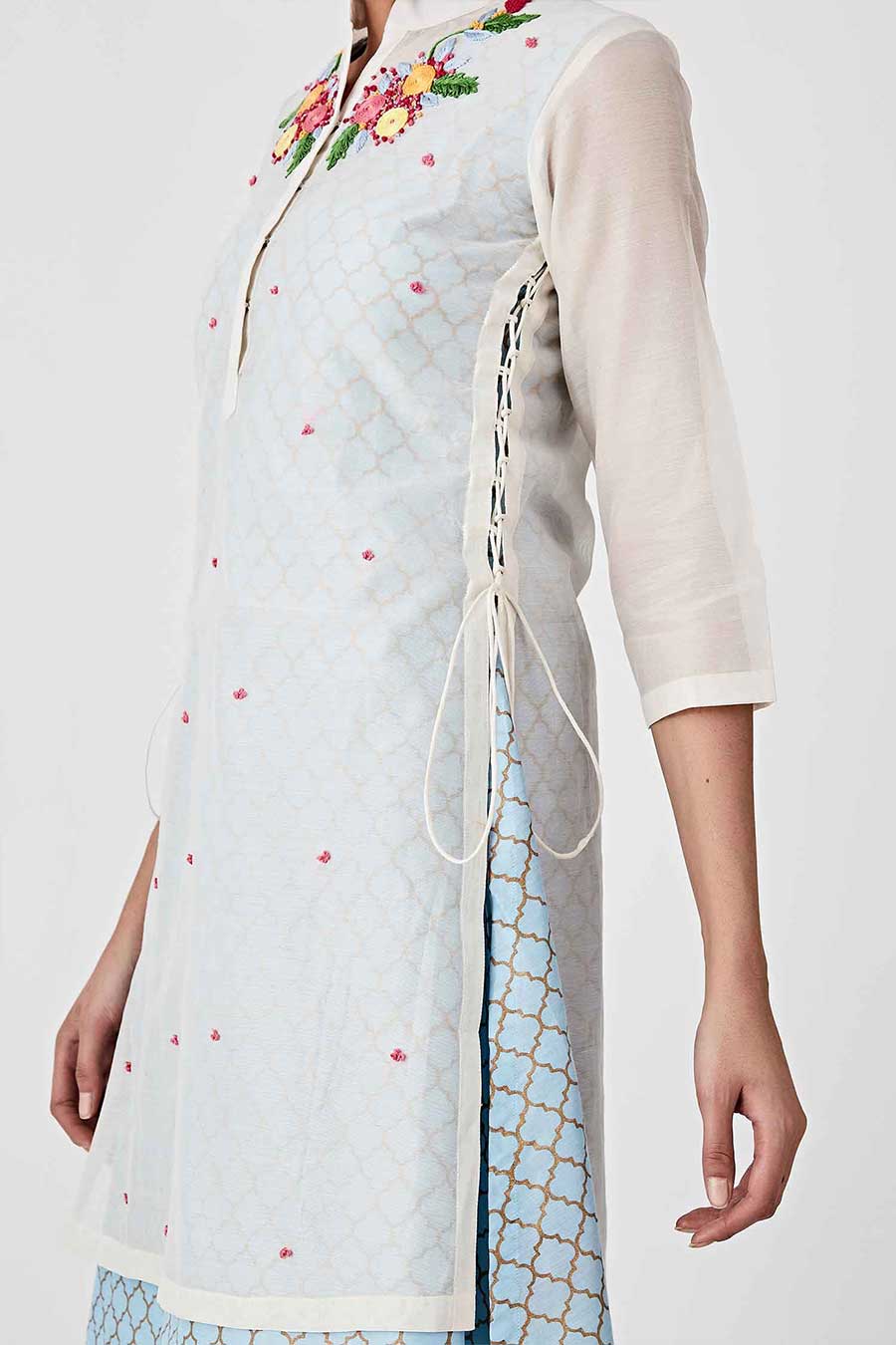 Blue & White Overalay Chanderi Kurta Set (Set of 4)
