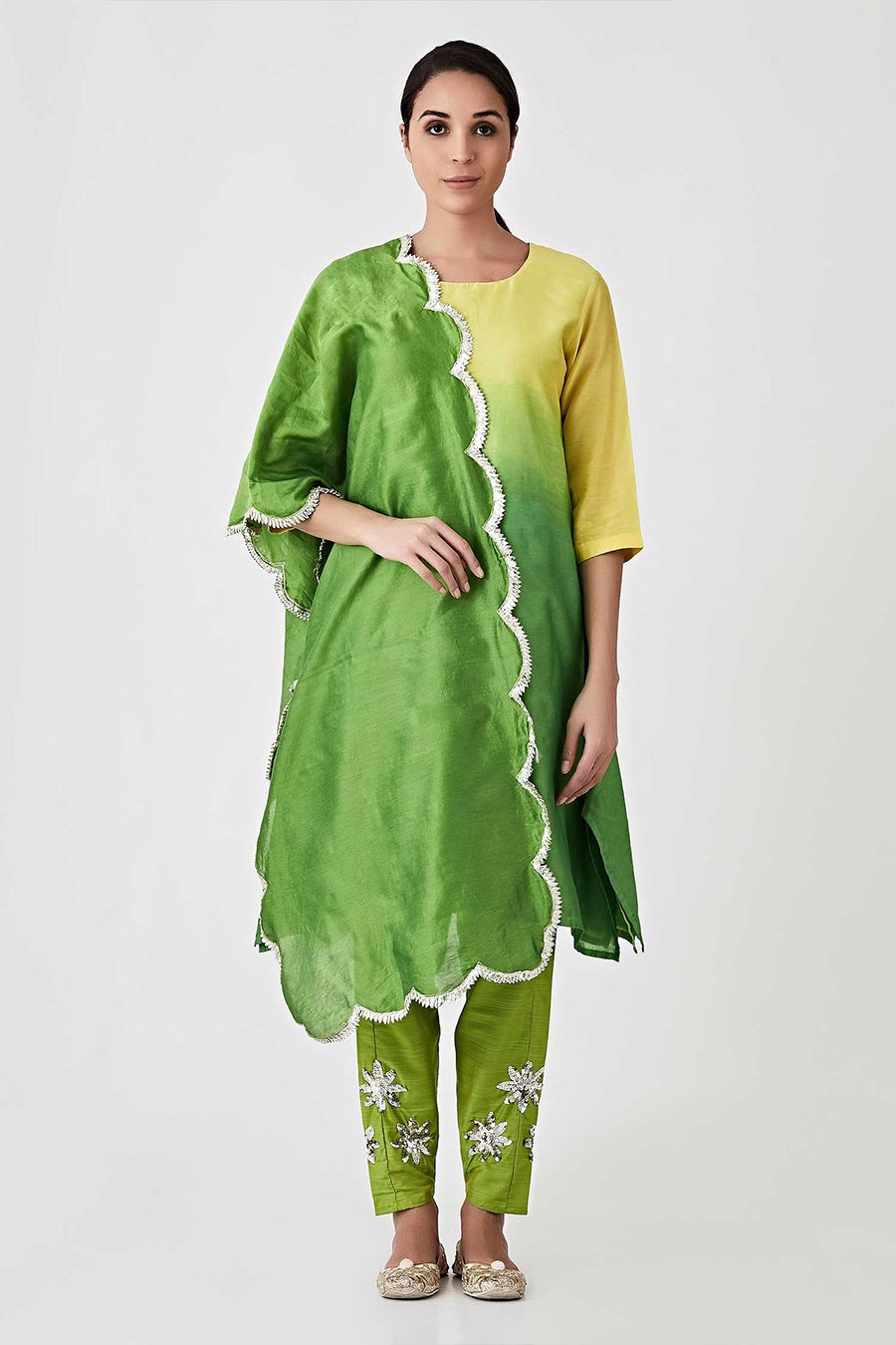 Yellow & Green Ombre Kurta Set (Set of 3)