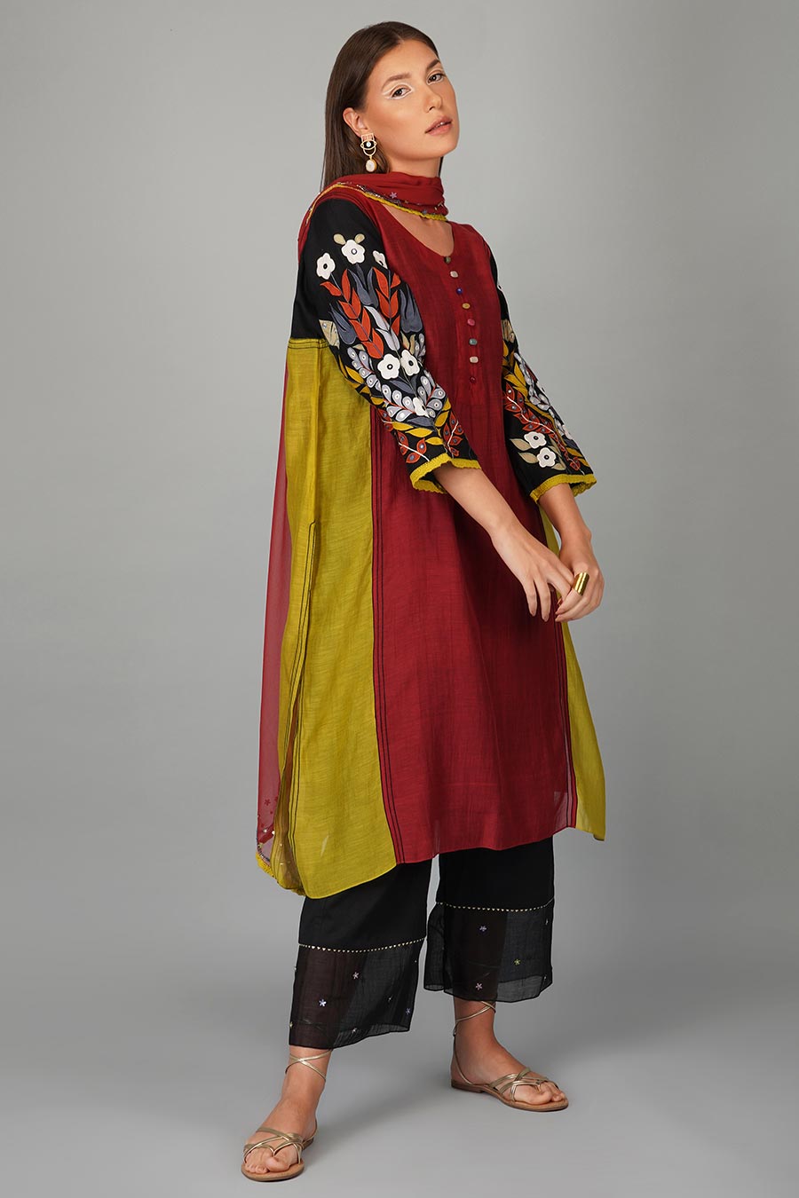 Applique Sleeves Panelled Kurta Set